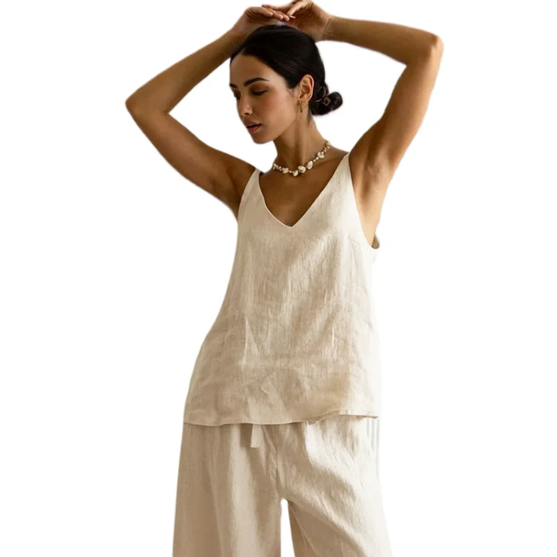 Pure Cotton Skin-Friendly Soft Camisole Long Pants Pajama Set Homewear for Women