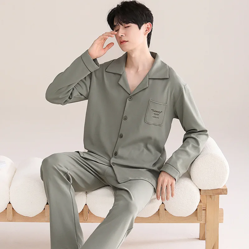 Pure Cotton Solid Color Pajamas Men's Thin Long Sleeved Suits Oversized Loose Suitable for Wearing as Outerwear