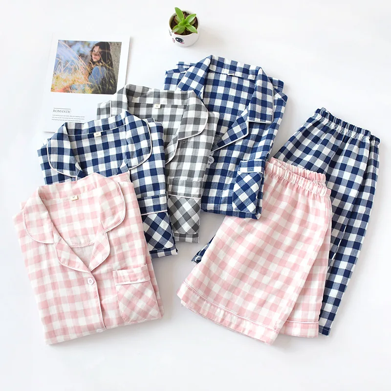 Pyjama High Quality Women's Men's Cotton Short Sleeves Short Pants Lapel Pajamas Homewear Home Clothing Set Suit