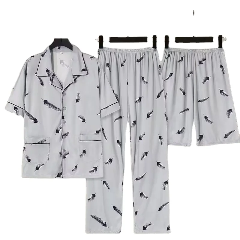 Pyjamas Men 100% Cotton Pajamas Sets Short Sleeve Sleepwear 3Pcs Button Down Loungewear PJs With Shorts and Long Pant