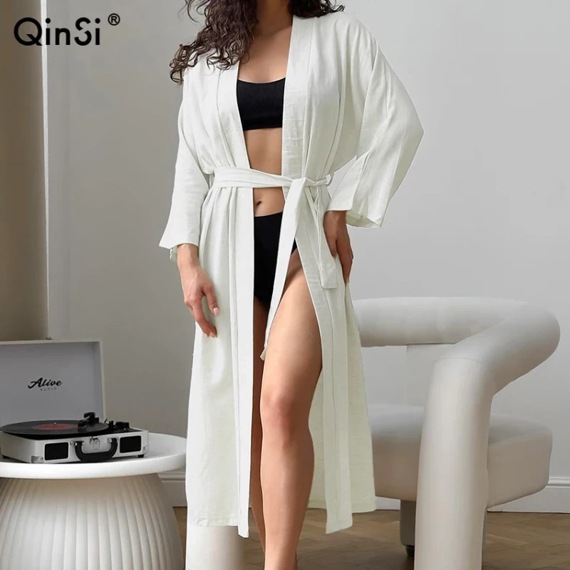 QINSI V Neck Women's Robes Long Sleeve Bath Robes Lace-up Bathrobe Solid Pajamas Home Wear Pure Cotton Robes Women