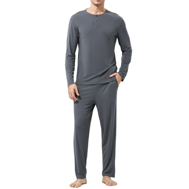 Quality Men's Plus Size Cotton Pajamas Soft Knit Lounge Sleepwear Men Bamboo Button Neck Breathable Pajama Set