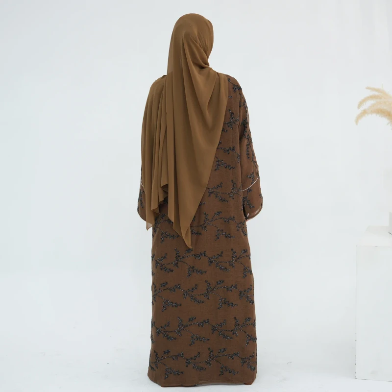 R-716 Muslim Women's Breathable Abaya Dress Evening Party Embroidery Floral Pattern Floor Length Long Sleeves Traditional