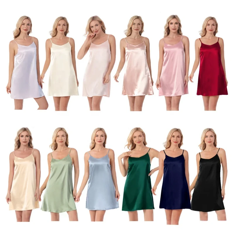 RTS 12 Colors in Stock Luxury Silk Satin Knee Length Nightgown for Women Casual Sexy Style Adjustable Shoulder Straps Nightdress