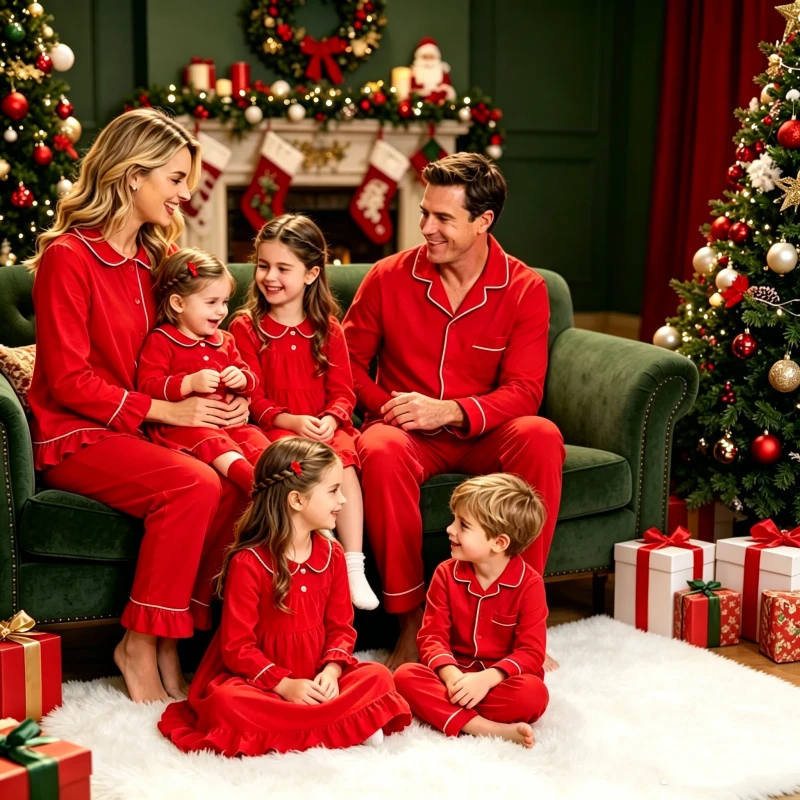 RTS Christmas Family Matching Pajamas Set Monogrammed Red Knitted Cotton Buttons Down Pjs Kids Baby Boy Girls Adult Xmas Pyjamas