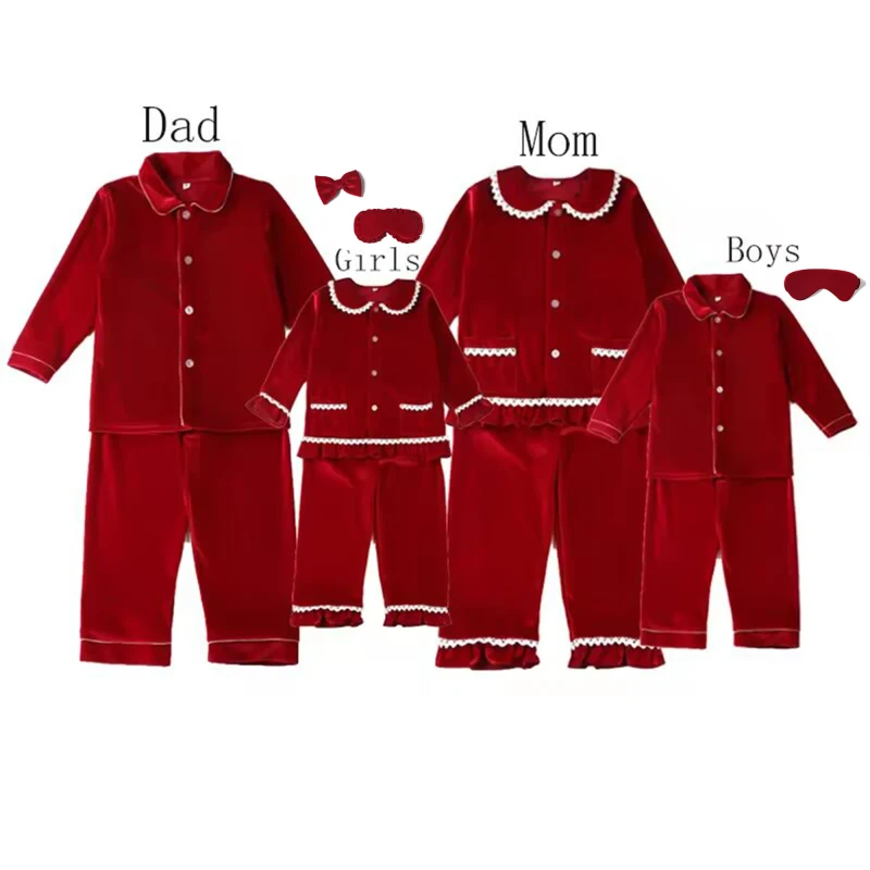 RTS Christmas Family Matching Pyjamas Red Velvet Button Down Baby Boy Girl Adult Man Woman Pajamas Ruffle Lace Night Gown PJS