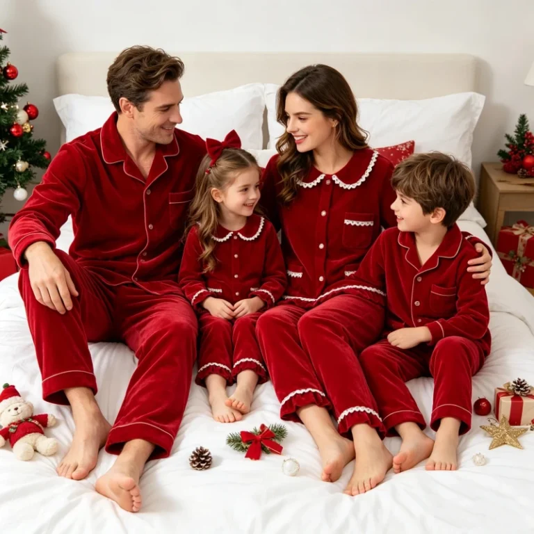 RTS-Family-Matching-Vintage-Red-Velvet-Pyjamas-Children-Pyjamas-Baby-Girl-Nightie-Couple-Pajamas-Christima-Embroidery-Pjs