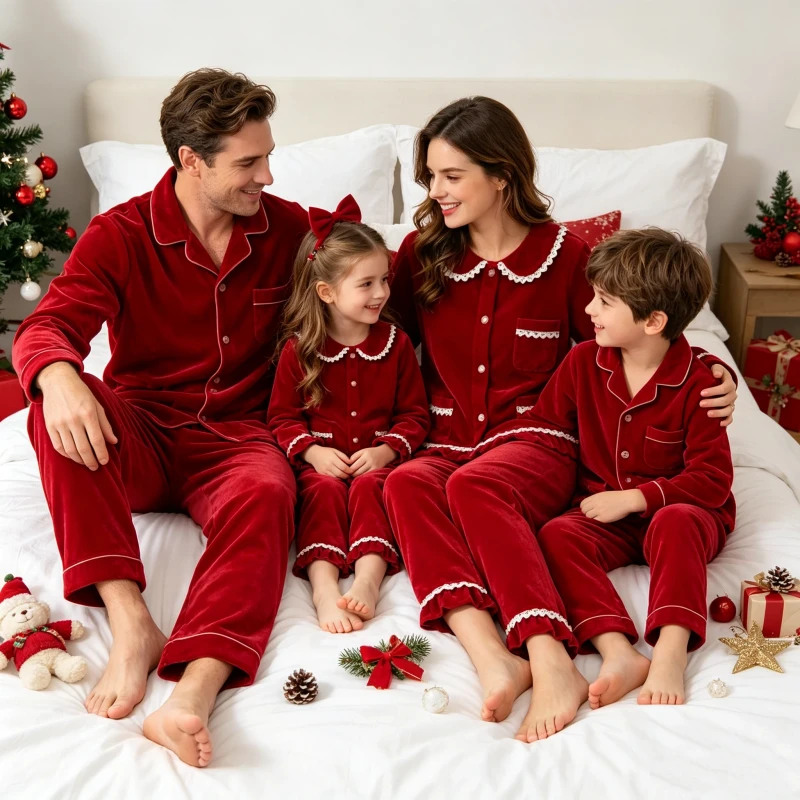 RTS Family Matching Vintage Red Velvet Pyjamas Children Pyjamas Baby Girl Nightie Couple Pajamas Christima Embroidery Pjs