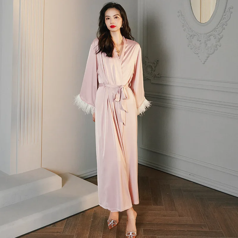 RTS New Arrival Satin Kimono Robe Femme Long Bath Robe Women's Satin Silk Sleepwear Ostrich Feather Bridesmaid Robe