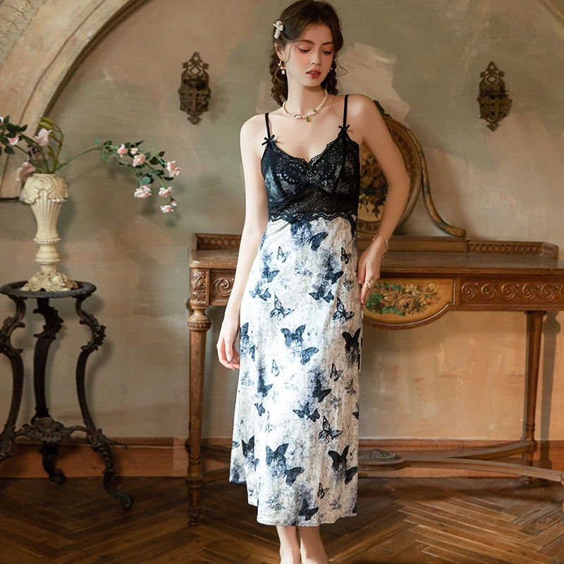 RUIYI Lace Printed Nightgown Halter Dress Nightdress Thin Sexy Women Pajamas Dress Nightdress