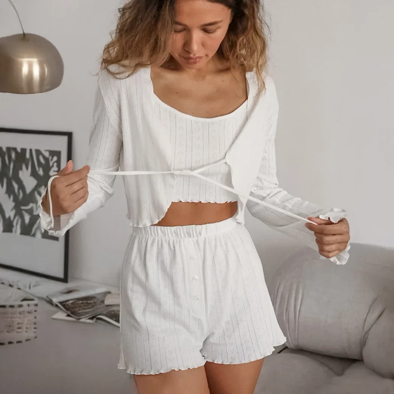 RUIYI Tie up Cardigan Set Camisole Shorts Three Piece Set Spring Love Jacquard Woman Pajamas