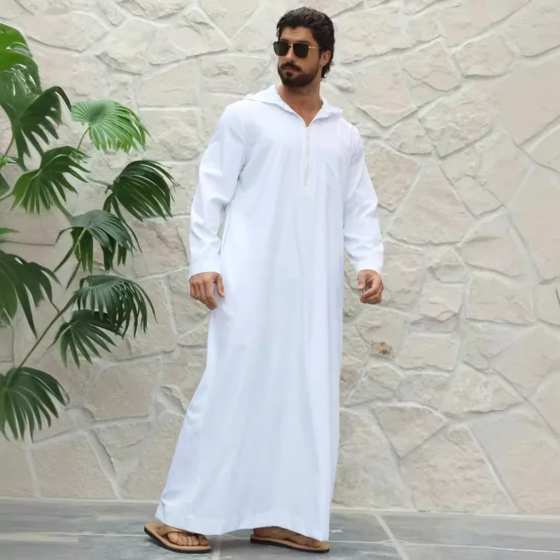 Ramadan Islamic Clothing East Muslim Casual Style Men's Minimalist Zippered Pocket Solid Color Hat Can Be Worn As an Outer Robe