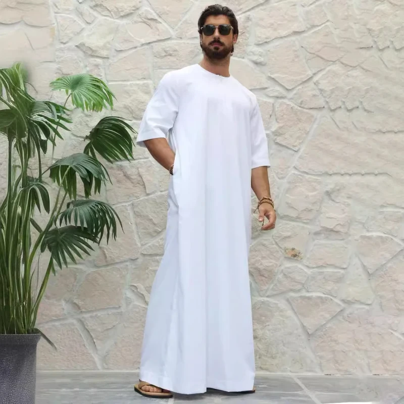 Ramadan Middle Eastern Muslim Casual Men's Simple Solid Round Neck Zippered Short Sleeved Shirt Robe