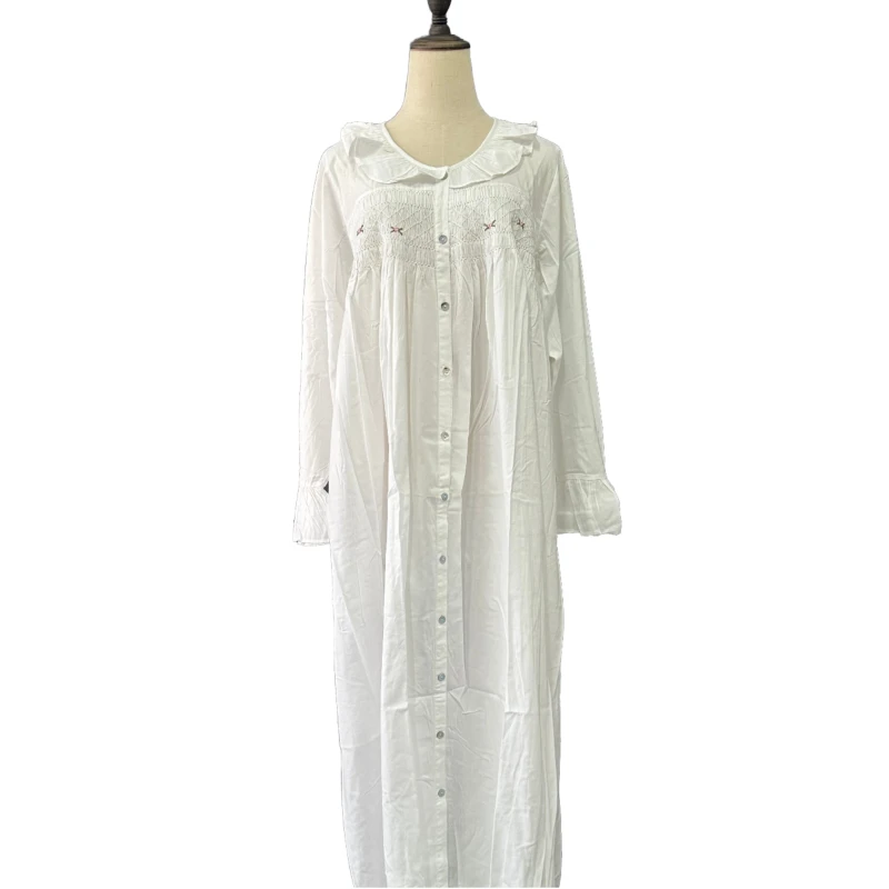 Ready to Ship Vintage Style 100% Cotton Button Down Nightdress Breathable Soft Longsleeve Smocked Dress for Summer Autumn Spring
