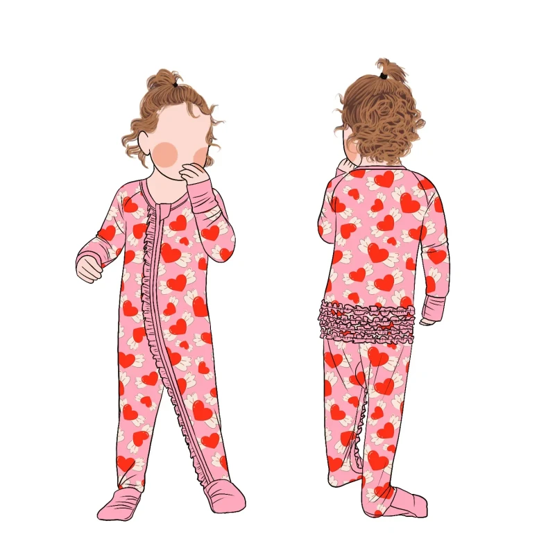 Red Color Heart Printing Bamboo Children Convertible Ruffle Pajamas for Toddler Baby Girls