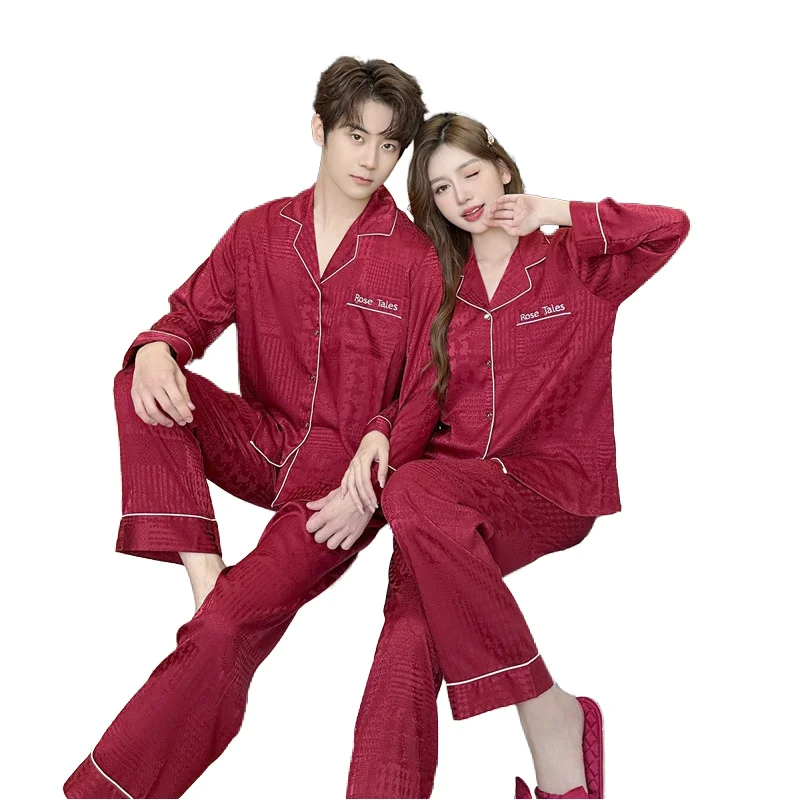 Red Ice Silk Breathable Long Sleeve Couple Pajamas for Newlyweds Men and Women Satin Fabric Elastic Waist Autumn Style