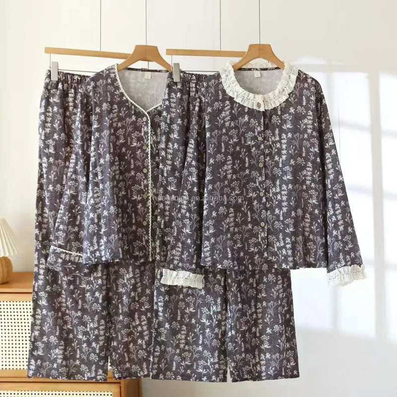 Retro Court Style Minimally Designed Loose Women's Sleepwear Casual Long Sleeved Floral Pattern Cotton Yarn Breathable Pajamas