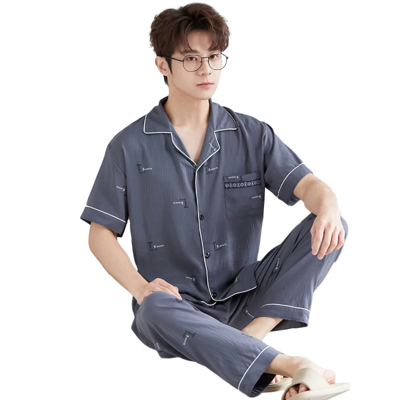 Retro High end Men's Spring Pajamas And Loungewear Short sleeve Top And Long Pants Two piece Set