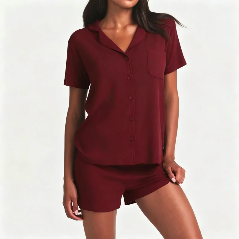 Ribbed Lenzing Modal Summer Pajama Set Women Sleepwear Short Sleeve Lounge Sleep Set Loungewear Ladies PJs