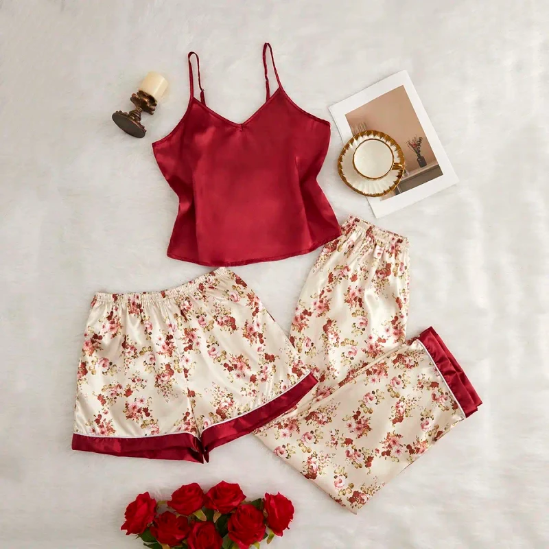 Romantic Floral Print Women's Three-Piece Pajama Set Red Satin Smooth Breathable Loungewear for Summer Wear