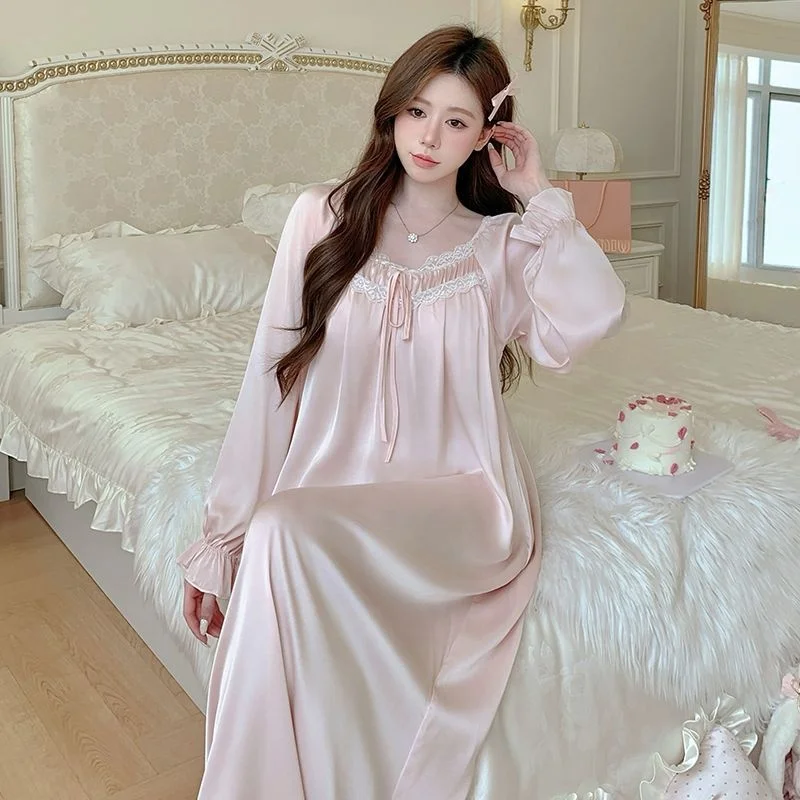 Romantic French Court Style Nightdress Comfortable Ice Silk Women's Pajamas Sweet Lace Trim Princess Wind Sleep Skirt