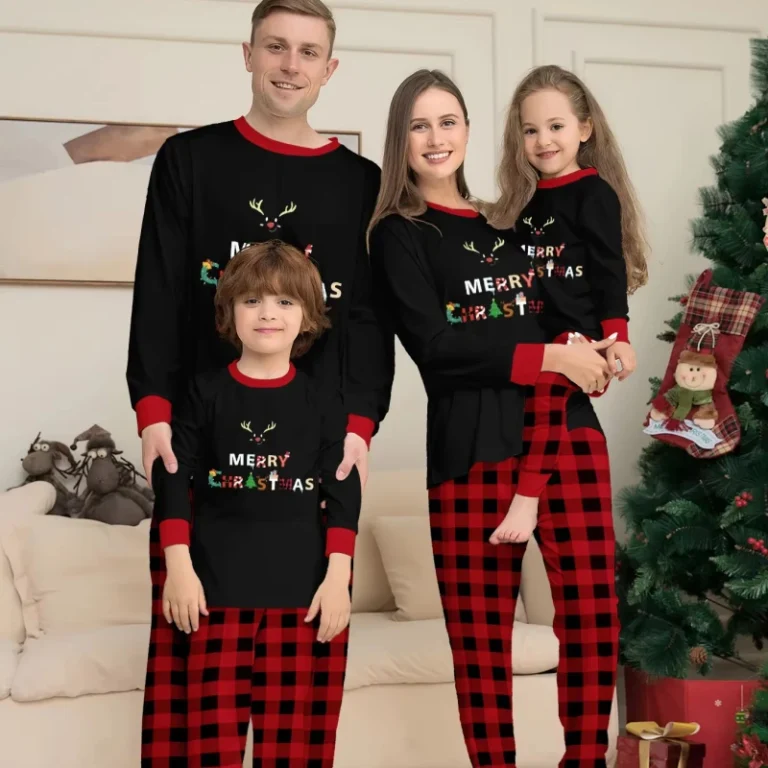 Round-Neck-Spell-Plaid-Parent-Child-Clothing-Christmas-Family-Suite-Night-Pyjama-Nightwear-Home-Pajamas-Women-Set