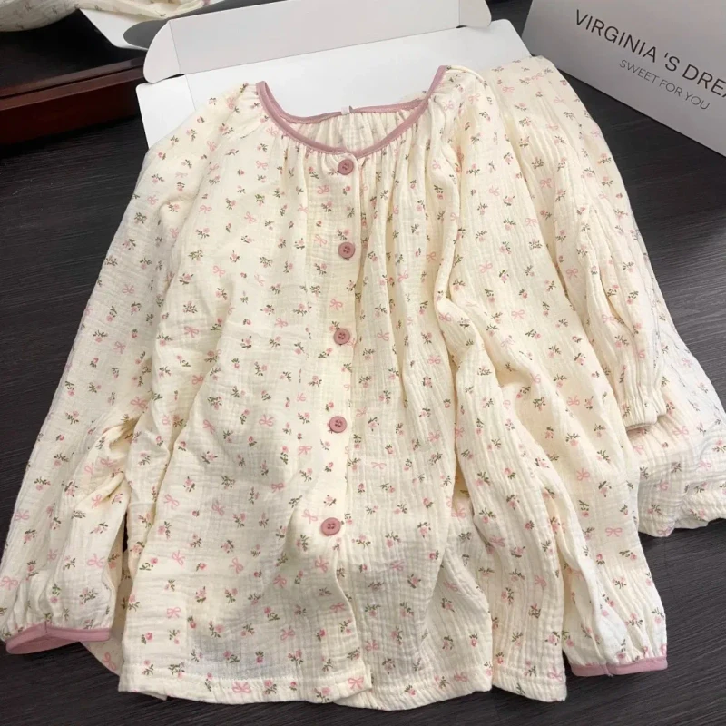 Round Neck Women's Long sleeved Pajamas and Pants Set Spring Floral Print Girls' Pajamas Casual Set