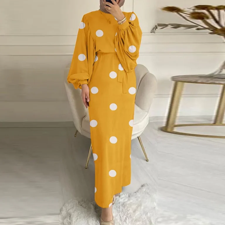 S-XXL-Spring-Muslim-Dress-Casual-Long-Sleeve-Robe-Retro-Womens-Printed-Dotted-Sun-Crew-Neck-Dress