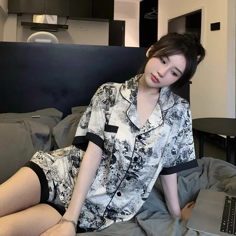 S0144R New Ink Painting Ice Silk Short sleeved Cardigan Ladies Summer Thin Casual Pajamas