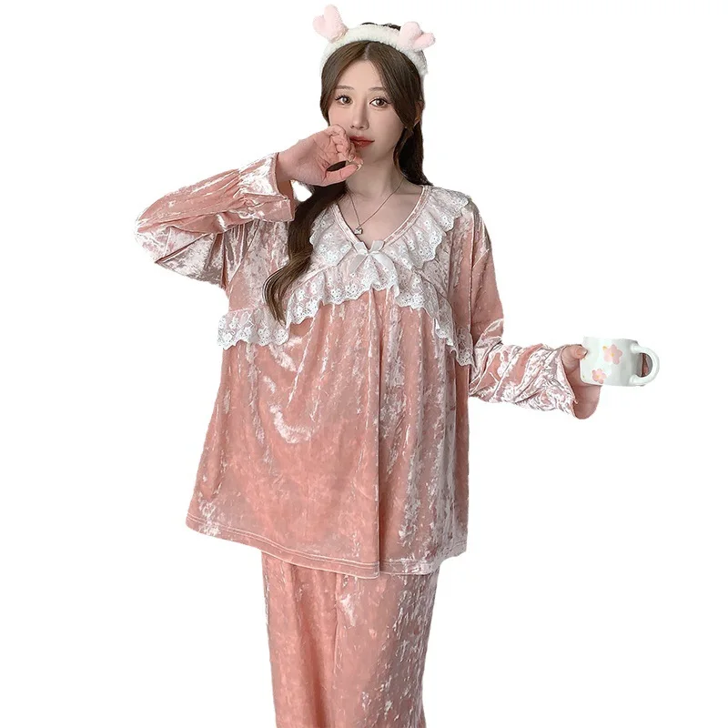SAMWESTART Autumn Winter Gold Velvet Pajamas for Women Sexy Lace Lace Warm Long Sleeved Ladies Home Clothes 2 Piece Set