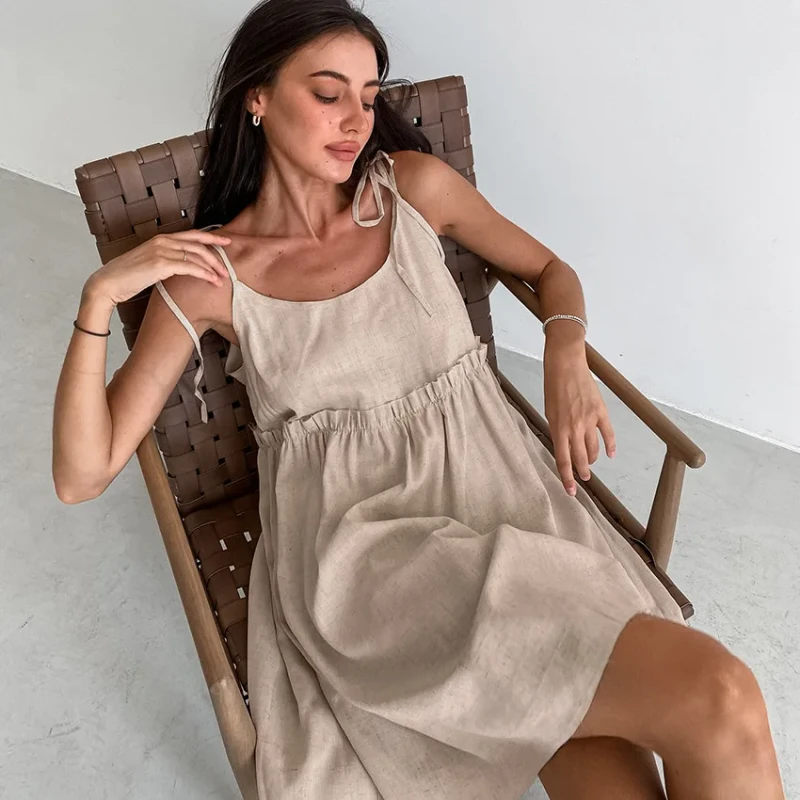 SMOOTH Custom logo Sexy Cool Black Suspender Cotton and Linen Nightdress Loose Casual Comfortable Female Home Clothes