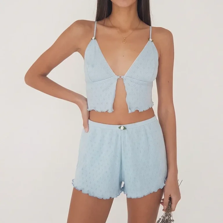 SMOOTH-Woman-OEM-Cotton-Jacquard-Ruffled-Camisole-Pajamas-Two-piece-Knitted-Loungewear-Set-for-Women-Skin-friendly