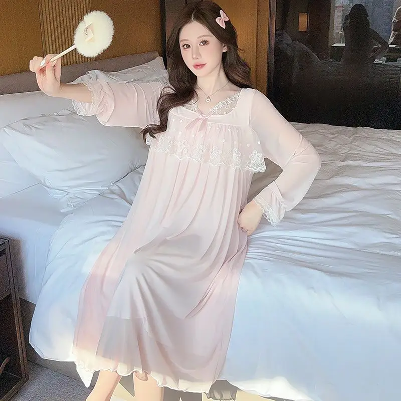 SWD Elegant Loose Pajamas Cute Lace Trim Mesh Nightdress Women Princess Wind Long Evening Dress