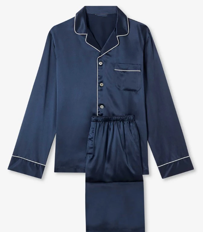 Satin Homewear Men Plus Size Long Sleeve Trousers Comfortable Thin Sleepwear 2 Pieces Set Men's Silk Satin Navy Pajamas