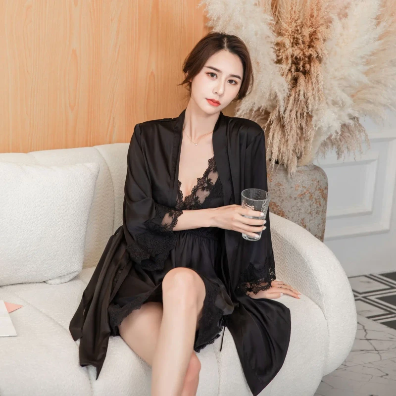Satin Lace Nightdress Home Wear V-neck Sexy Girls See-through Nightgown With Belt Pajamas Bride Robe for Women
