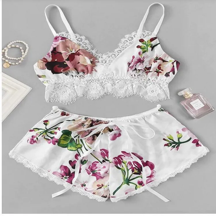 Satin-Lace-Trim-Camisole-Nightdress-Set-Sexy-V-Neck-Sleepwear-Shorts-Pajamas-Summer-Thin-Lingerie-Homewear