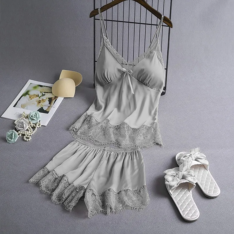 Satin Lace Women Two Piece Loungewear Padded Camisole Night Dress Comfort Daily Home Sleepwear Set