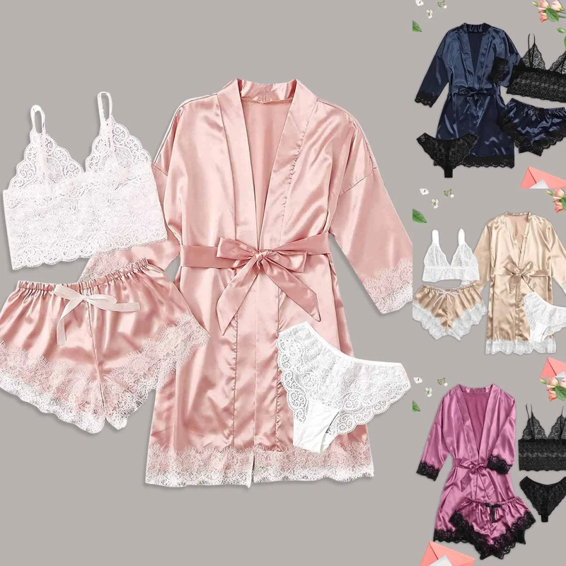 Satin Nightie Women's Robe 4 Pieces Pajamas Erotic Lingerie Set Kimono Silk Sleepwear