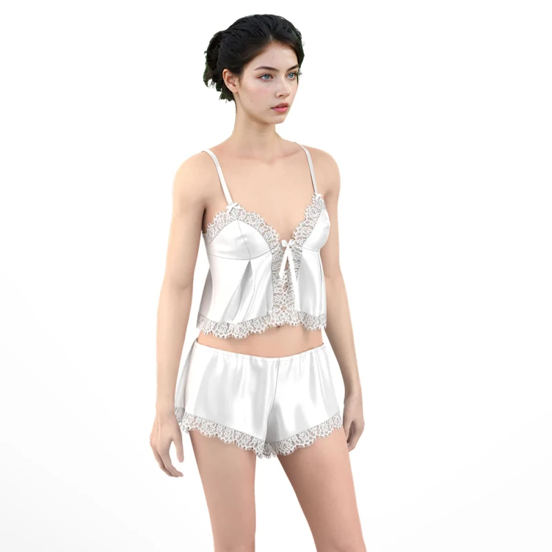 Satin Pajamas Set Women Tie Bow Adjust Strap Sleepwear Set Satin Lace Camisole Shorts Set