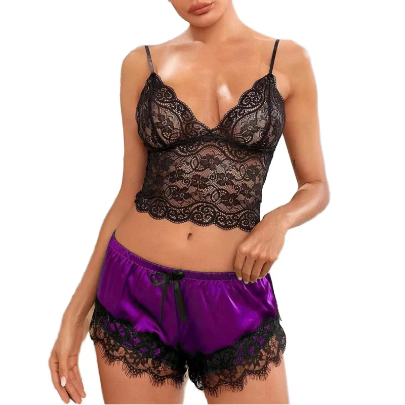 Satin Silk Sleepwear Cami Set, Women's Nightwear 2 Piece Sexy Lace Pajamas, Short Pyjamas