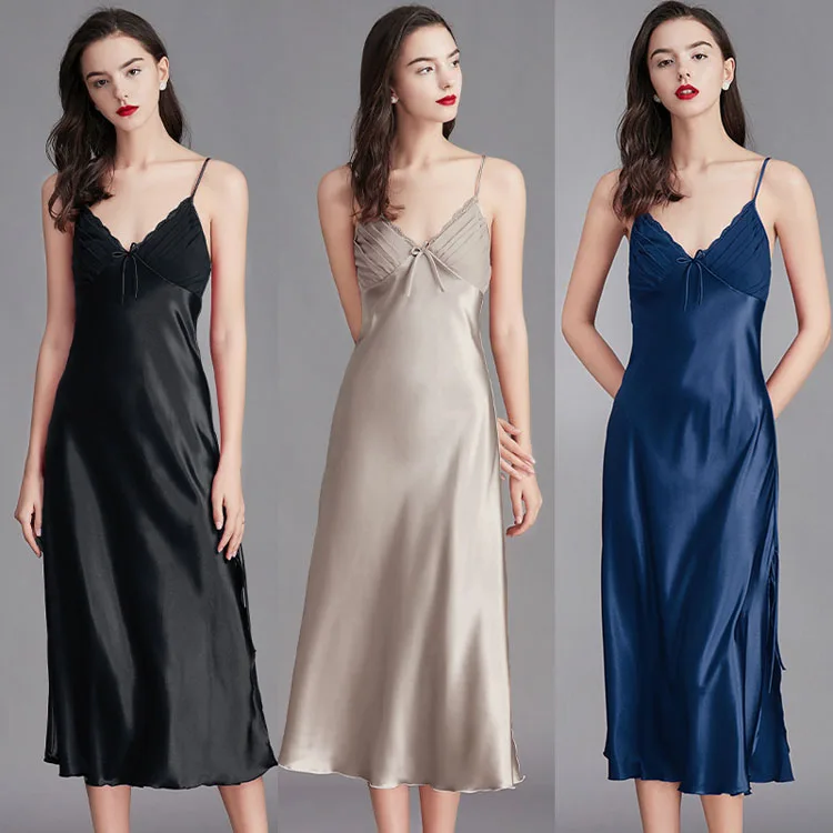 Satin Suspender Pajamas Solid Bow Nightdress Factory Directly Soft Casual Loungewear Custom logo