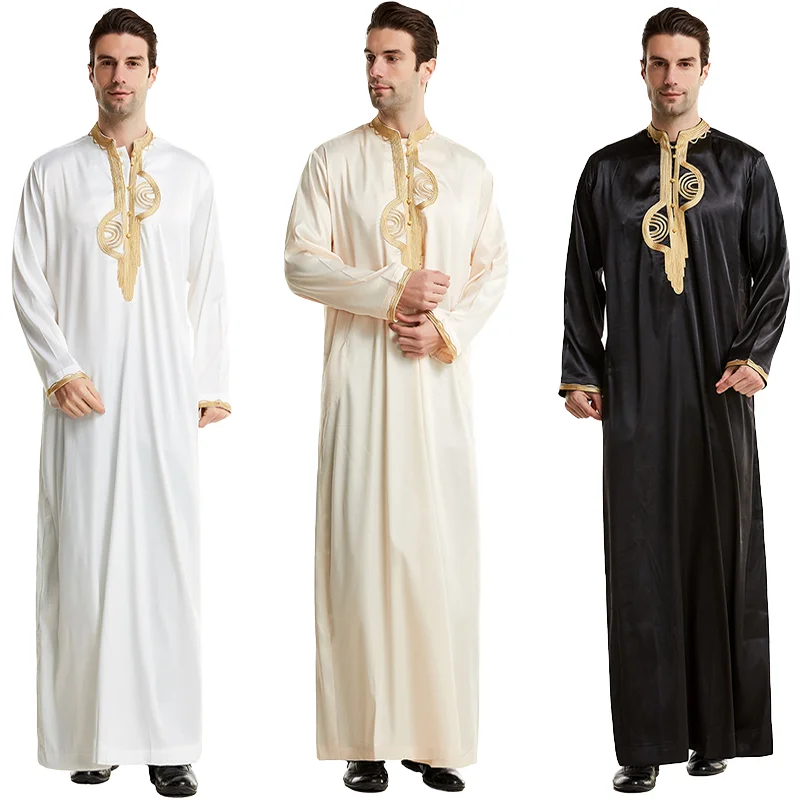 Saudi Arab Men's Thobe Stand Collar Embroidered Satin Long Robe Muslim Abaya for Eid Prayer Daily Wear