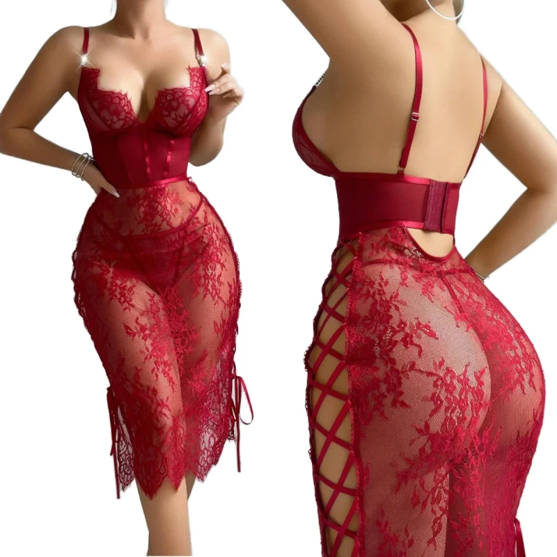 Sexy 2 Piece Lingerie Set Transparent Mesh Lace Babydoll Bodysuit and Night Dress Robe Sleepwear