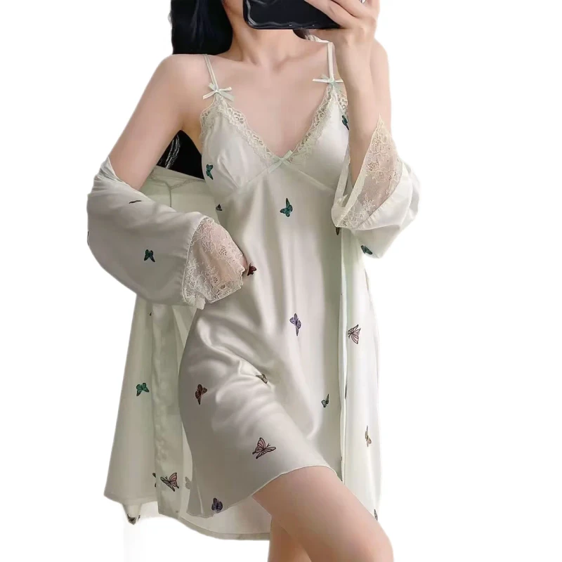 Sexy Breathable Camisole Nightdress Women Spring/Summer Butterfly Print Lace-Trimmed Robe Two-Piece Loungewear