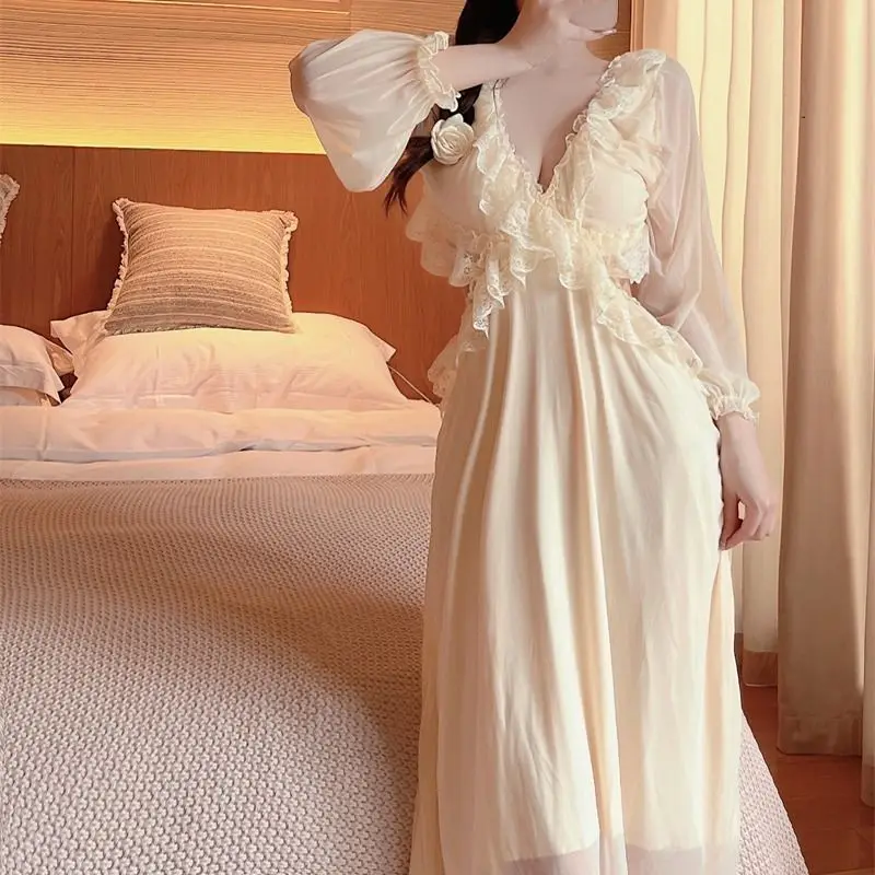 Sexy Collar Long-sleeved Nightdress Female Pure Wind New Spring and Autumn Lotus Lace Home Clothes to Wear