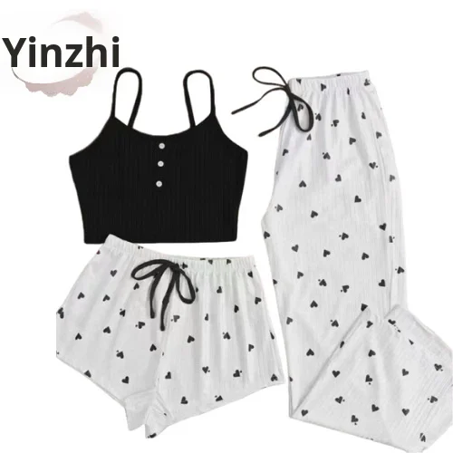 Sexy Drawstring Knitted Pajamas Camisole Lingerie Shorts Ankle Length Pants Autumn Winter Erotic Homewear Set