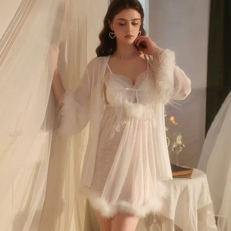 Sexy Erotic Lace Embroidered Transparent Sleepwear and Robe Butterfly Women's Nightgown