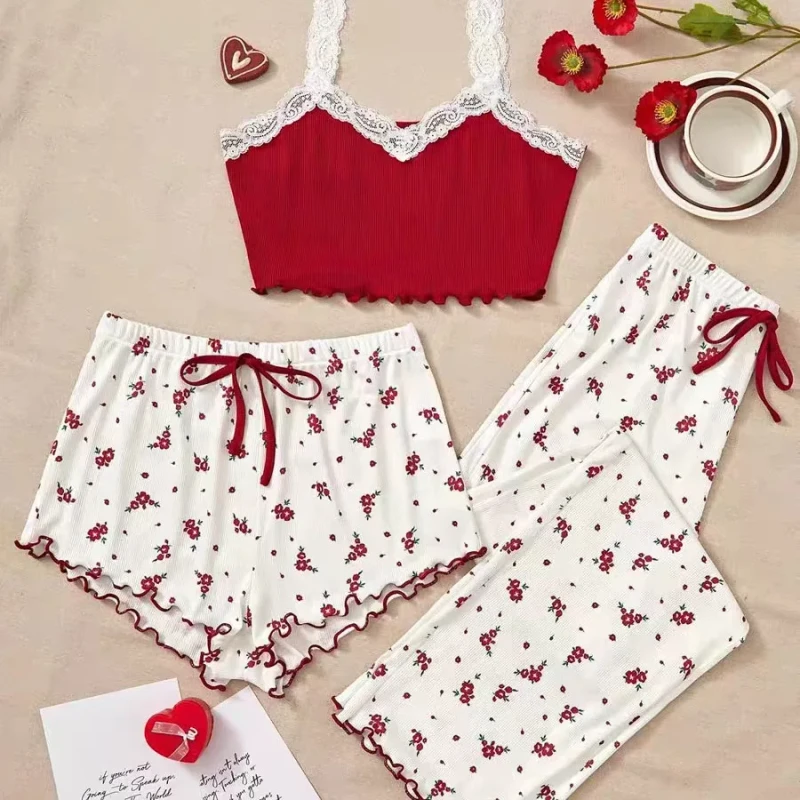 Sexy Floral Women's Pajamas Suit Summer Thin Trousers Cute Home Clothes Three-Piece Outfit Trendy 100% Polyester V-neck