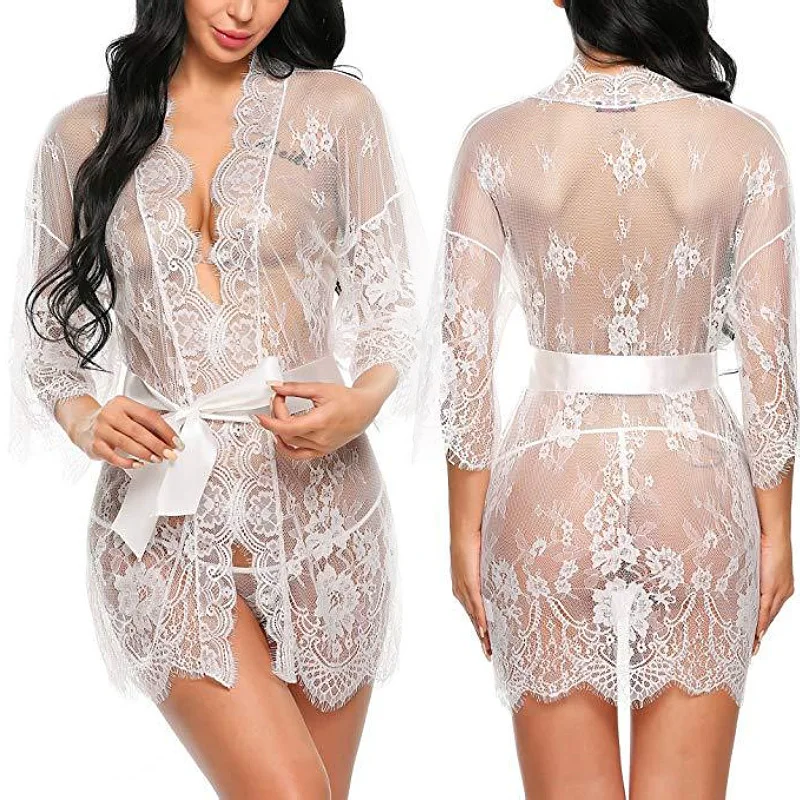Sexy Lace Nightwear Erotic Lingerie Sleepwear Women Summer See Through Sleep Dress Solid Lace Pajamas Bath Robe Dress Nightgown