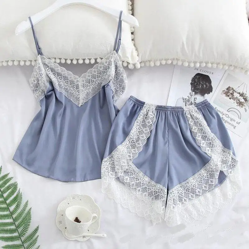 Sexy Lace Plus Size Home Clothes Two piece Set for Women's Camisole Shorts Pajama Set